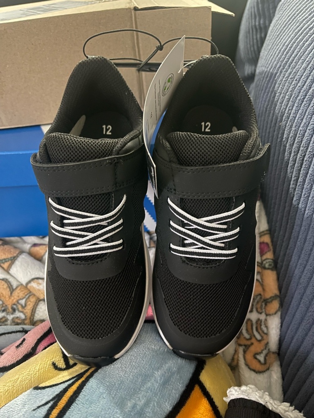 Kids Black Athletic Sneakers with Hook-and-Loop Strap